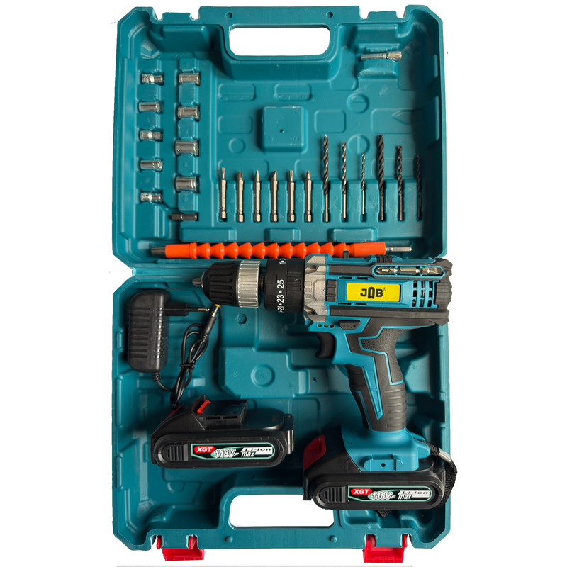 دریل پیچ گوشتی شارژی چکشی سه نظام 10 میلیمتر 118 ولت جاب مدل JB-118 MAX EDITION مجموعه 40 عددی