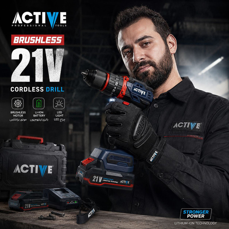 دریل چکشی شارژی براشلس 10میلی متری 21 ولت اکتیو مدل AC_7821CH