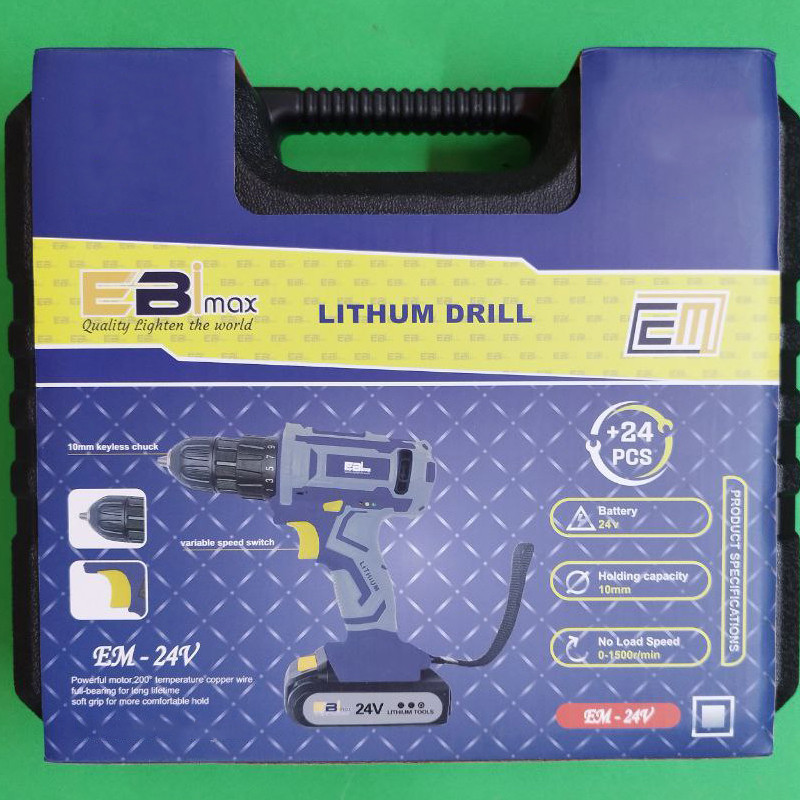 دریل شارژی پیچ گوشتی 10 میلیمتری 24 ولت ابی مکس مدل EM-24V مجموعه 24 عددی