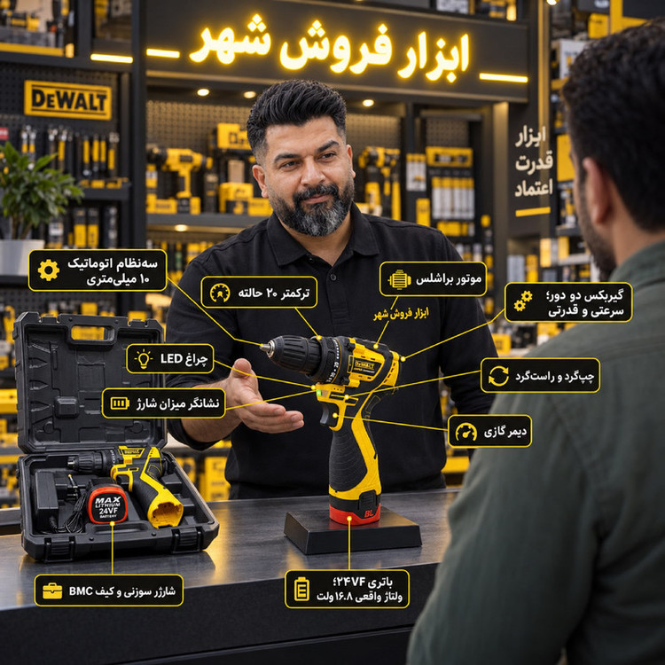 دریل پیچ گوشتی شارژی براشلس 10 میلی متری 24 ولت دیوالت مدل 24VF کد103