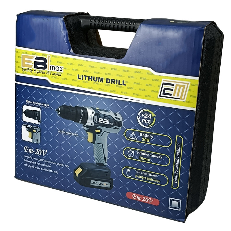 دریل پیچ گوشتی شارژی 10 میلیمتری 20 ولت ابی مکس مدل EM-20V مجموعه 24 عددی
