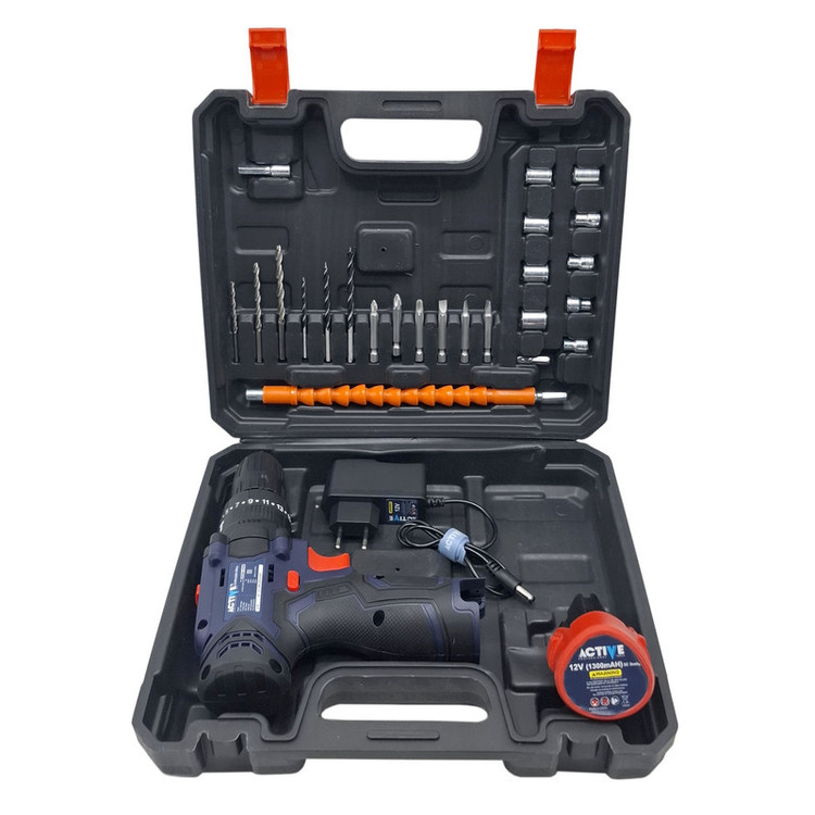 دریل چکشی شارژی صنعتی 10 میلی متری 12 ولت اکتیو مدل 10mm کد 33 مجموعه 28 عددی